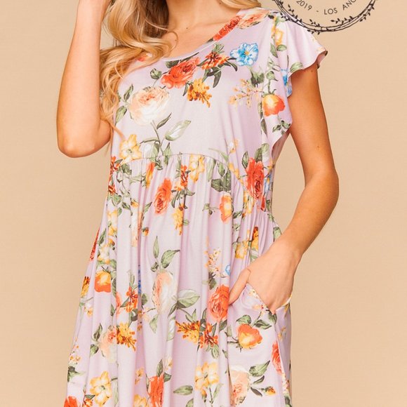 Lilac Floral Babydoll Midi Dress - Picture 2 of 2